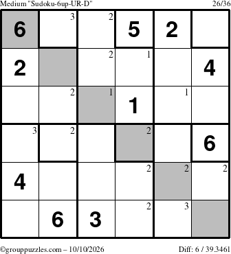 The grouppuzzles.com Medium Sudoku-6up-UR-D puzzle for Saturday October 10, 2026 with the first 3 steps marked