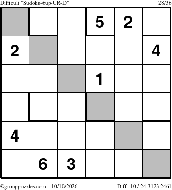 The grouppuzzles.com Difficult Sudoku-6up-UR-D puzzle for Saturday October 10, 2026