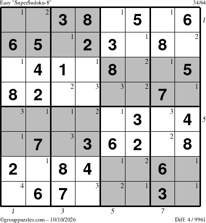 The grouppuzzles.com Easy SuperSudoku-8 puzzle for Saturday October 10, 2026, suitable for printing, with all 4 steps marked