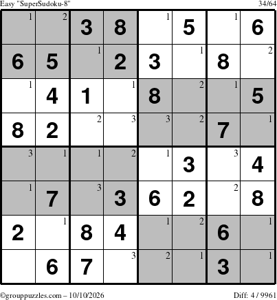 The grouppuzzles.com Easy SuperSudoku-8 puzzle for Saturday October 10, 2026 with the first 3 steps marked
