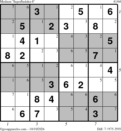 The grouppuzzles.com Medium SuperSudoku-8 puzzle for Saturday October 10, 2026, suitable for printing, with all 7 steps marked