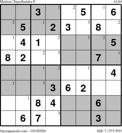 The grouppuzzles.com Medium SuperSudoku-8 puzzle for Saturday October 10, 2026 with the first 3 steps marked