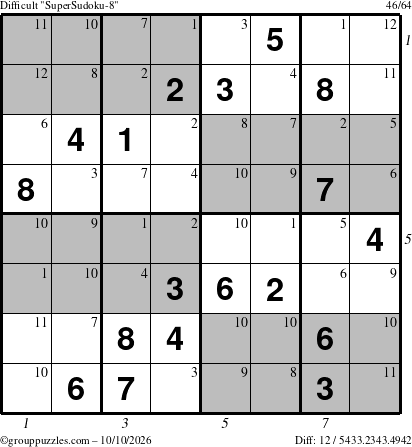 The grouppuzzles.com Difficult SuperSudoku-8 puzzle for Saturday October 10, 2026 with all 12 steps marked