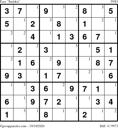 The grouppuzzles.com Easy Sudoku puzzle for Saturday October 10, 2026 with the first 3 steps marked