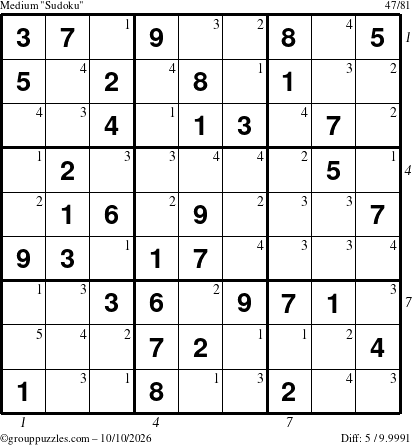 The grouppuzzles.com Medium Sudoku puzzle for Saturday October 10, 2026 with all 5 steps marked