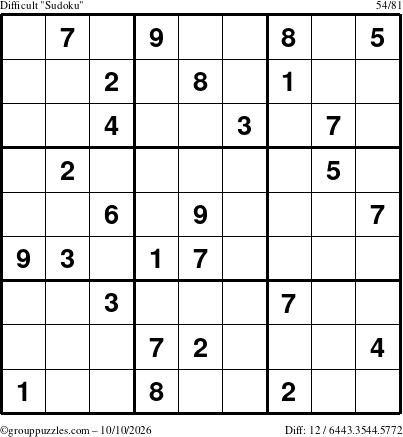 The grouppuzzles.com Difficult Sudoku puzzle for Saturday October 10, 2026