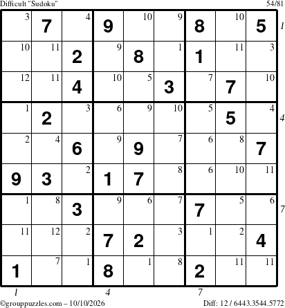 The grouppuzzles.com Difficult Sudoku puzzle for Saturday October 10, 2026, suitable for printing, with all 12 steps marked
