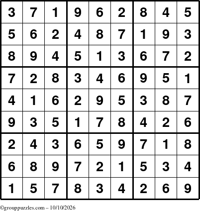 The grouppuzzles.com Answer grid for the Sudoku puzzle for Saturday October 10, 2026