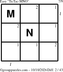 The grouppuzzles.com Easy TicTac-MNO puzzle for Saturday October 10, 2026, suitable for printing, with all 2 steps marked