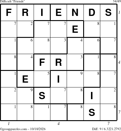 The grouppuzzles.com Difficult Friends puzzle for Saturday October 10, 2026, suitable for printing, with all 9 steps marked