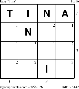 The grouppuzzles.com Easy Tina puzzle for Tuesday May 5, 2026, suitable for printing, with all 3 steps marked