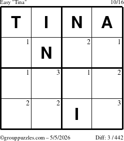The grouppuzzles.com Easy Tina puzzle for Tuesday May 5, 2026 with the first 3 steps marked