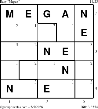 The grouppuzzles.com Easy Megan puzzle for Tuesday May 5, 2026, suitable for printing, with all 3 steps marked