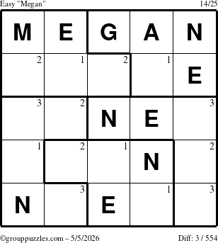 The grouppuzzles.com Easy Megan puzzle for Tuesday May 5, 2026 with the first 3 steps marked