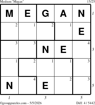 The grouppuzzles.com Medium Megan puzzle for Tuesday May 5, 2026, suitable for printing, with all 4 steps marked