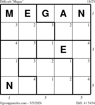 The grouppuzzles.com Difficult Megan puzzle for Tuesday May 5, 2026 with all 4 steps marked