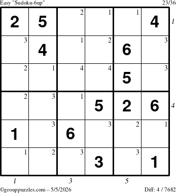 The grouppuzzles.com Easy Sudoku-6up puzzle for Tuesday May 5, 2026, suitable for printing, with all 4 steps marked