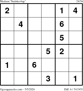 The grouppuzzles.com Medium Sudoku-6up puzzle for Tuesday May 5, 2026