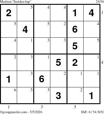 The grouppuzzles.com Medium Sudoku-6up puzzle for Tuesday May 5, 2026, suitable for printing, with all 6 steps marked