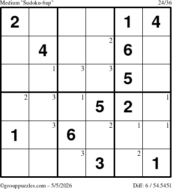 The grouppuzzles.com Medium Sudoku-6up puzzle for Tuesday May 5, 2026 with the first 3 steps marked