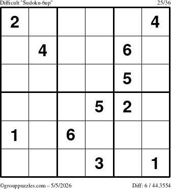 The grouppuzzles.com Difficult Sudoku-6up puzzle for Tuesday May 5, 2026