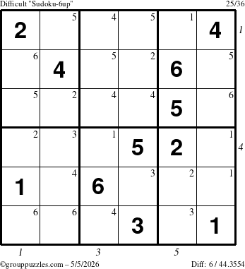 The grouppuzzles.com Difficult Sudoku-6up puzzle for Tuesday May 5, 2026 with all 6 steps marked