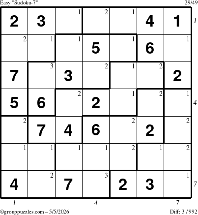 The grouppuzzles.com Easy Sudoku-7 puzzle for Tuesday May 5, 2026, suitable for printing, with all 3 steps marked