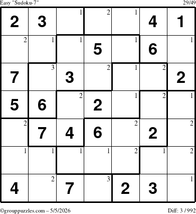 The grouppuzzles.com Easy Sudoku-7 puzzle for Tuesday May 5, 2026 with the first 3 steps marked