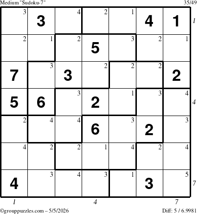 The grouppuzzles.com Medium Sudoku-7 puzzle for Tuesday May 5, 2026 with all 5 steps marked