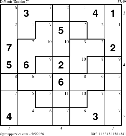 The grouppuzzles.com Difficult Sudoku-7 puzzle for Tuesday May 5, 2026 with all 11 steps marked