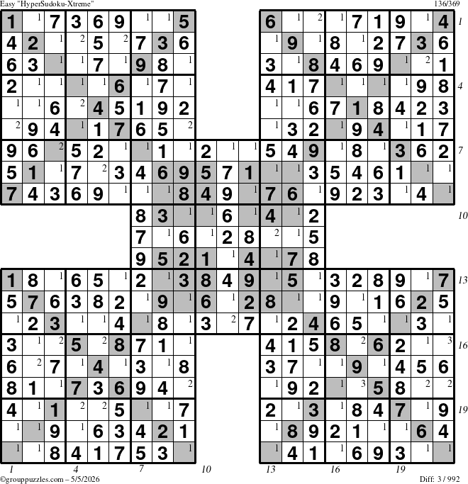 The grouppuzzles.com Easy HyperSudoku-Xtreme puzzle for Tuesday May 5, 2026, suitable for printing, with all 3 steps marked