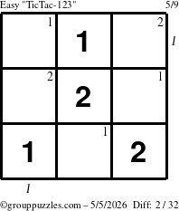 The grouppuzzles.com Easy TicTac-123 puzzle for Tuesday May 5, 2026 with all 2 steps marked