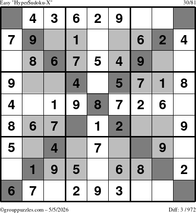 The grouppuzzles.com Easy HyperSudoku-X puzzle for Tuesday May 5, 2026