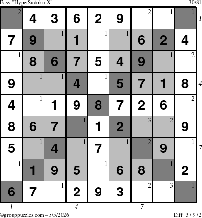 The grouppuzzles.com Easy HyperSudoku-X puzzle for Tuesday May 5, 2026, suitable for printing, with all 3 steps marked