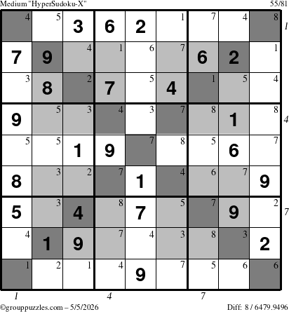 The grouppuzzles.com Medium HyperSudoku-X puzzle for Tuesday May 5, 2026 with all 8 steps marked