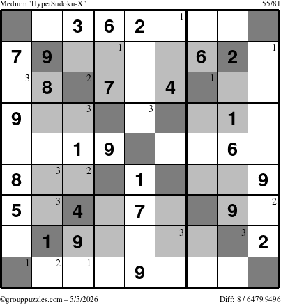The grouppuzzles.com Medium HyperSudoku-X puzzle for Tuesday May 5, 2026 with the first 3 steps marked