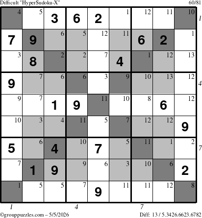 The grouppuzzles.com Difficult HyperSudoku-X puzzle for Tuesday May 5, 2026, suitable for printing, with all 13 steps marked