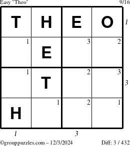 The grouppuzzles.com Easy Theo puzzle for Tuesday December 3, 2024 with all 3 steps marked