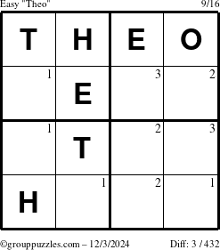 The grouppuzzles.com Easy Theo puzzle for Tuesday December 3, 2024 with the first 3 steps marked