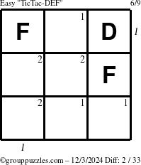 The grouppuzzles.com Easy TicTac-DEF puzzle for Tuesday December 3, 2024 with all 2 steps marked