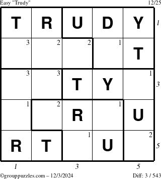 The grouppuzzles.com Easy Trudy puzzle for Tuesday December 3, 2024 with all 3 steps marked