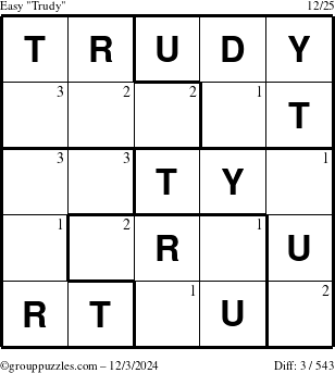 The grouppuzzles.com Easy Trudy puzzle for Tuesday December 3, 2024 with the first 3 steps marked