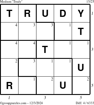 The grouppuzzles.com Medium Trudy puzzle for Tuesday December 3, 2024 with all 4 steps marked