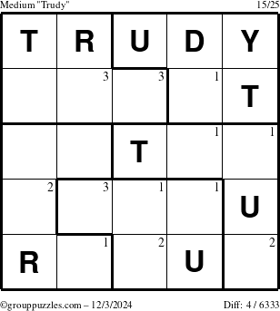 The grouppuzzles.com Medium Trudy puzzle for Tuesday December 3, 2024 with the first 3 steps marked