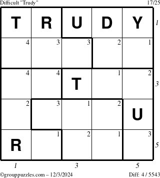 The grouppuzzles.com Difficult Trudy puzzle for Tuesday December 3, 2024 with all 4 steps marked