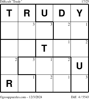 The grouppuzzles.com Difficult Trudy puzzle for Tuesday December 3, 2024 with the first 3 steps marked