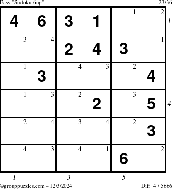 The grouppuzzles.com Easy Sudoku-6up puzzle for Tuesday December 3, 2024 with all 4 steps marked