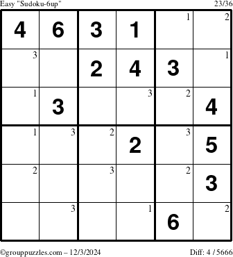 The grouppuzzles.com Easy Sudoku-6up puzzle for Tuesday December 3, 2024 with the first 3 steps marked