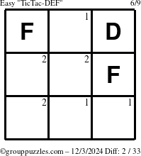 The grouppuzzles.com Easy TicTac-DEF puzzle for Tuesday December 3, 2024 with the first 2 steps marked