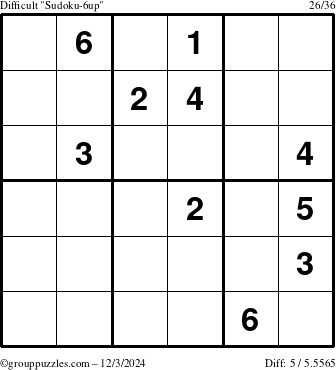 The grouppuzzles.com Difficult Sudoku-6up puzzle for Tuesday December 3, 2024